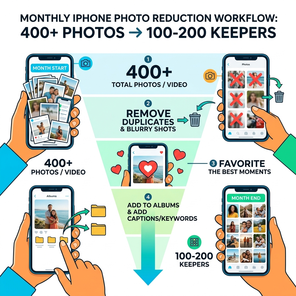 Infographic showing monthly iPhone photo reduction workflow from 400+ photos down to 100-200 keepers - how to sort photos on