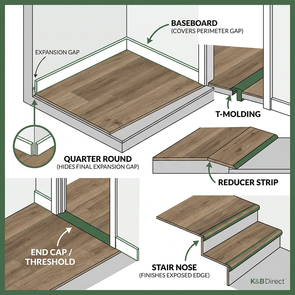 diagram showing placement of transition strips and baseboards around a vinyl plank floor - vinyl floor molding types diagram showing placement of transition strips and baseboards around a vinyl plank floor - vinyl floor molding types