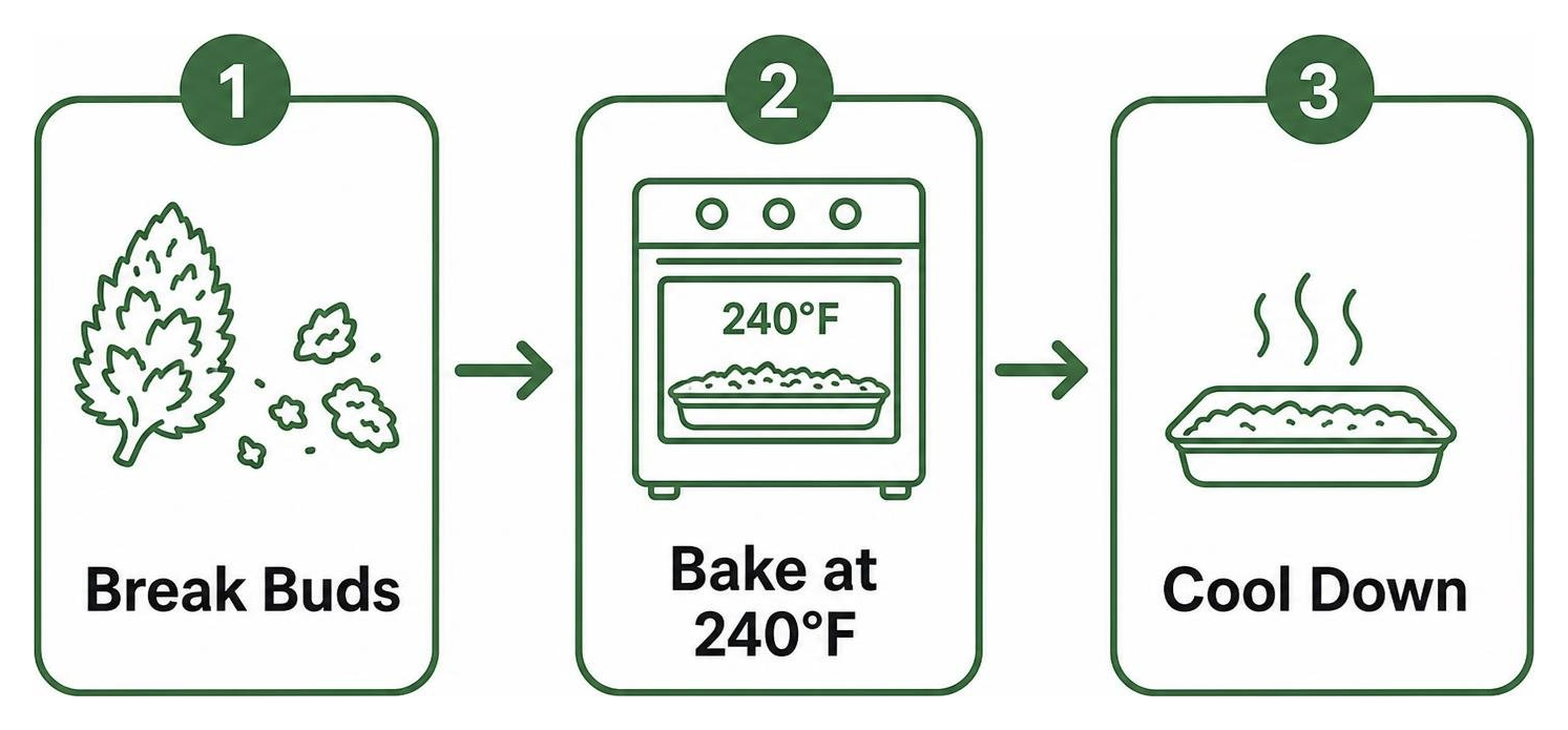 cannabis decarboxylation sequence: break buds, bake at 240 degrees Fahrenheit, cool down