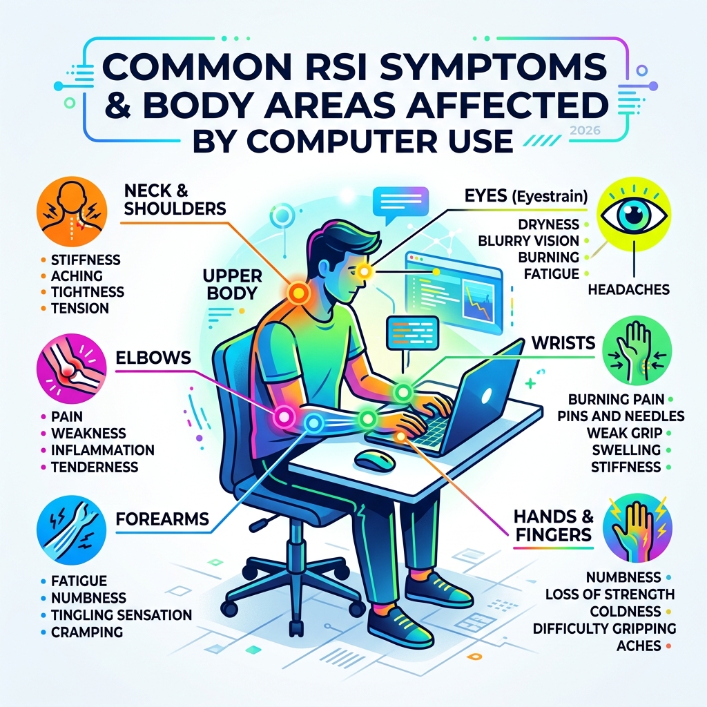 Common RSI symptoms and body areas affected by computer use infographic - how to prevent repetitive strain injury when using