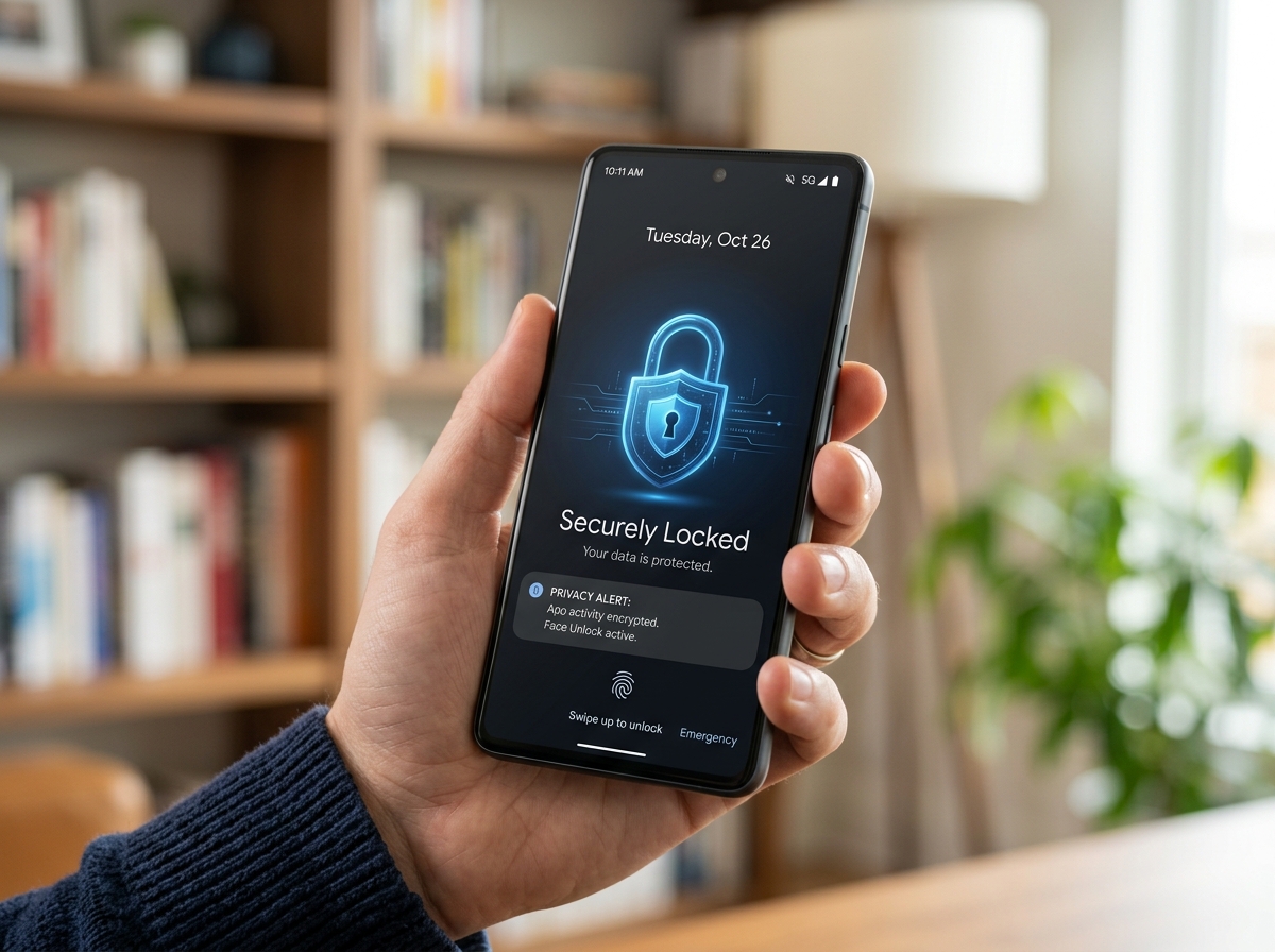 Digital security concept showing a lock over a smartphone screen - photo privacy apps