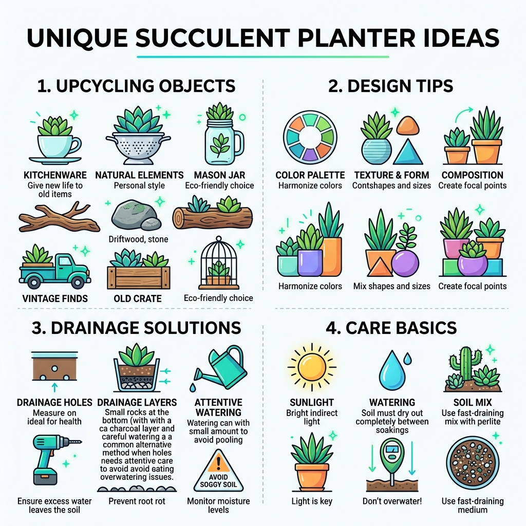 Unique succulent planter ideas: upcycling objects, design tips, drainage solutions, and care basics - unique succulent