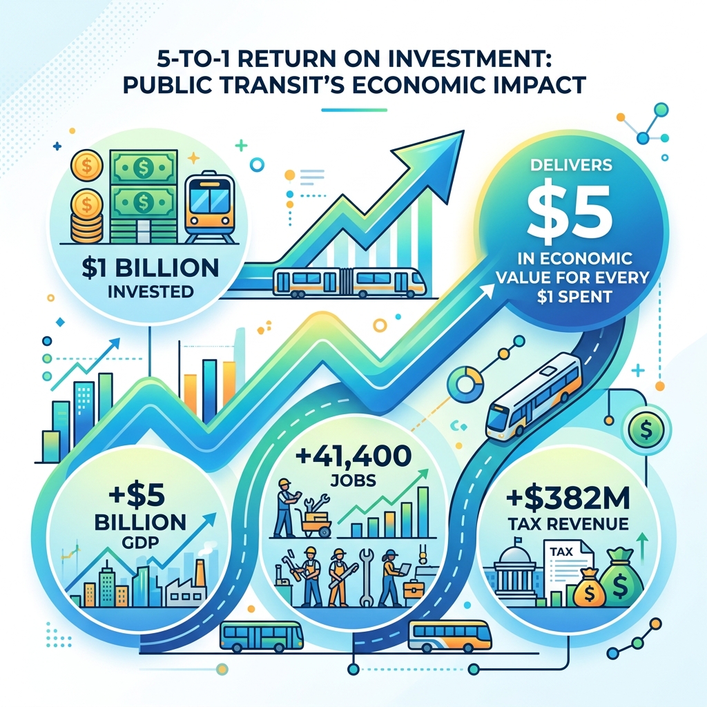Infographic showing the 5-to-1 return on investment for public transit: $5 billion GDP, 41,400 jobs, $382M tax revenue per Infographic showing the 5-to-1 return on investment for public transit: $5 billion GDP, 41,400 jobs, $382M tax revenue per