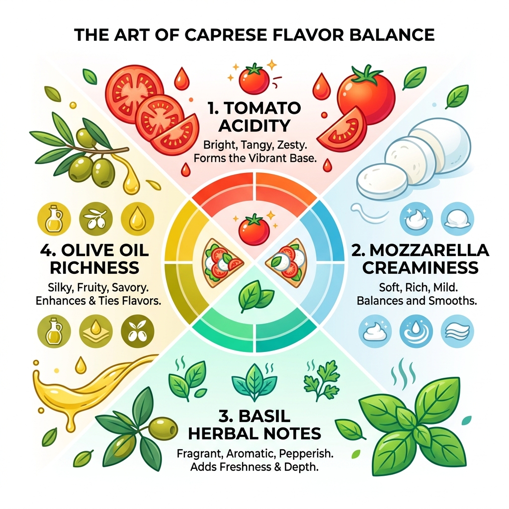 Infographic showing Caprese flavor balance: tomato acidity, mozzarella creaminess, basil herbal notes, olive oil richness Infographic showing Caprese flavor balance: tomato acidity, mozzarella creaminess, basil herbal notes, olive oil richness