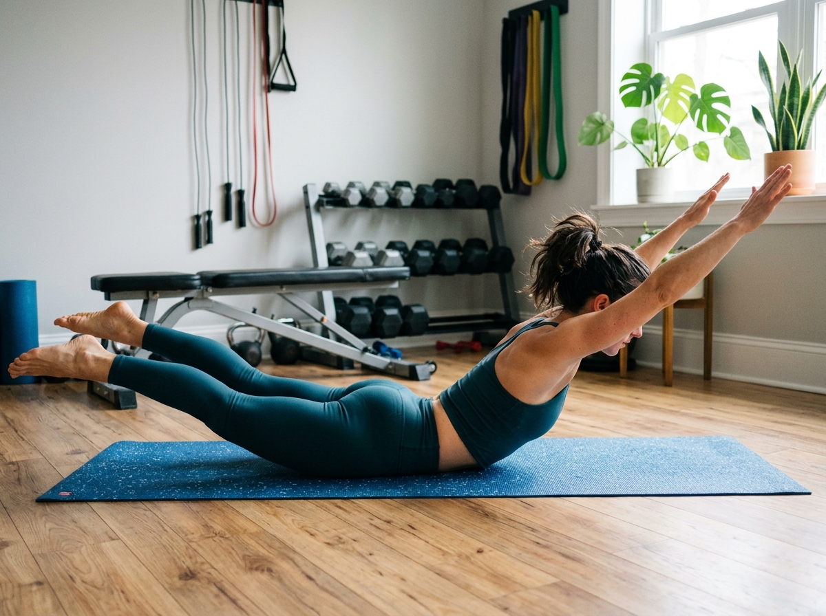 person performing a superman exercise on a yoga mat - back exercises without gym