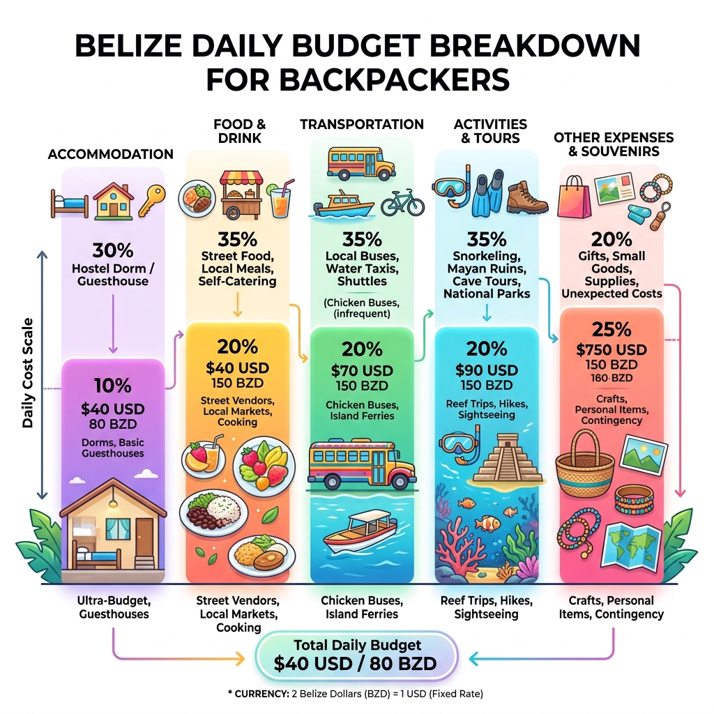 Belize daily budget breakdown for backpackers showing costs by category - backpacking belize budget infographic Belize daily budget breakdown for backpackers showing costs by category - backpacking belize budget infographic