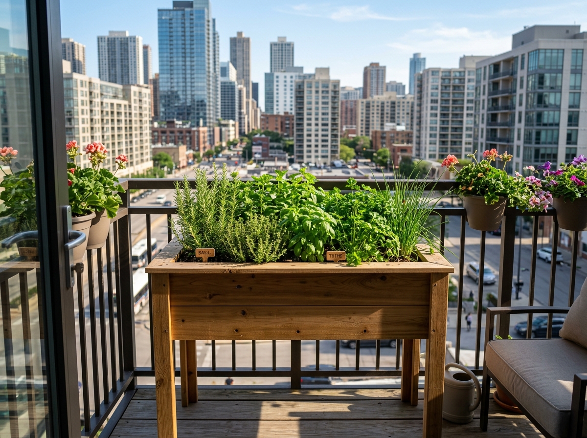 An elevated cedar planter filled with lush green herbs on a sunny apartment balcony - balcony raised garden beds