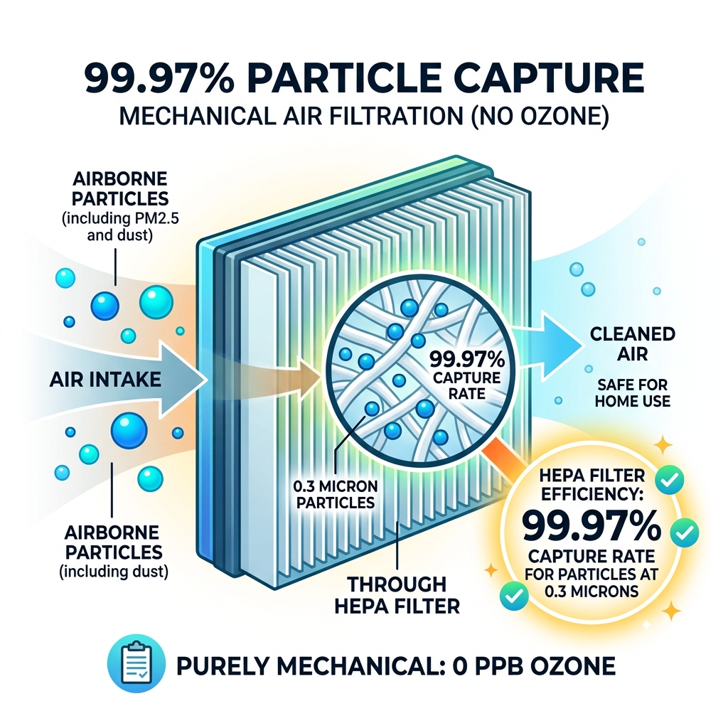Infographic showing the 99.97% capture rate of HEPA filters for particles at 0.3 microns - air purifiers without ozone