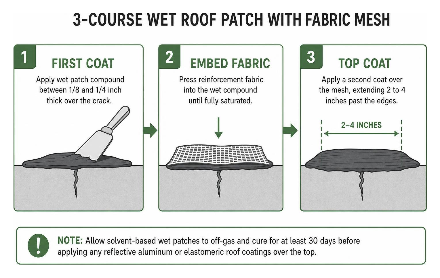 Step-by-step process of applying a 3-course wet roof patch with fabric mesh Step-by-step process of applying a 3-course wet roof patch with fabric mesh