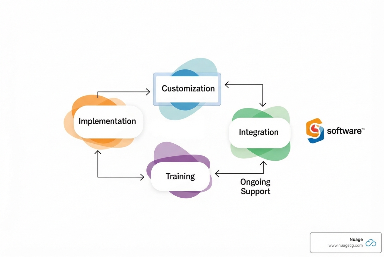 Flowchart of NetSuite support services including implementation, customization, integration, training, and ongoing support - NetSuite Support Jacksonville