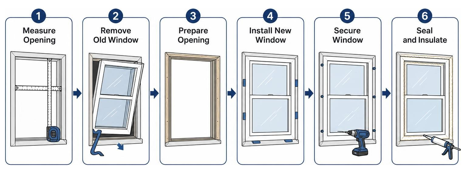diagram of window replacement installation steps from measuring to sealing diagram of window replacement installation steps from measuring to sealing
