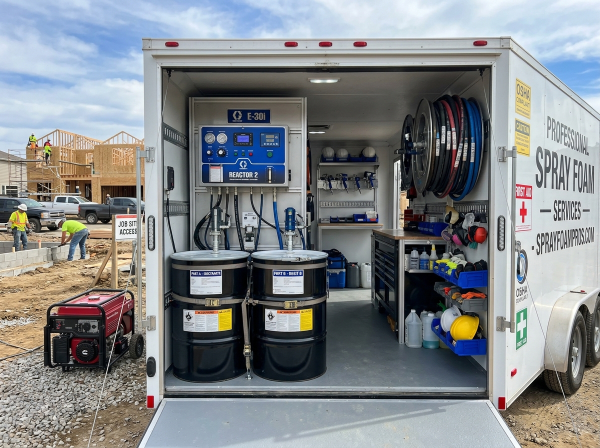 20-foot high-production spray foam trailer with organized equipment layout - mobile spray foam insulation