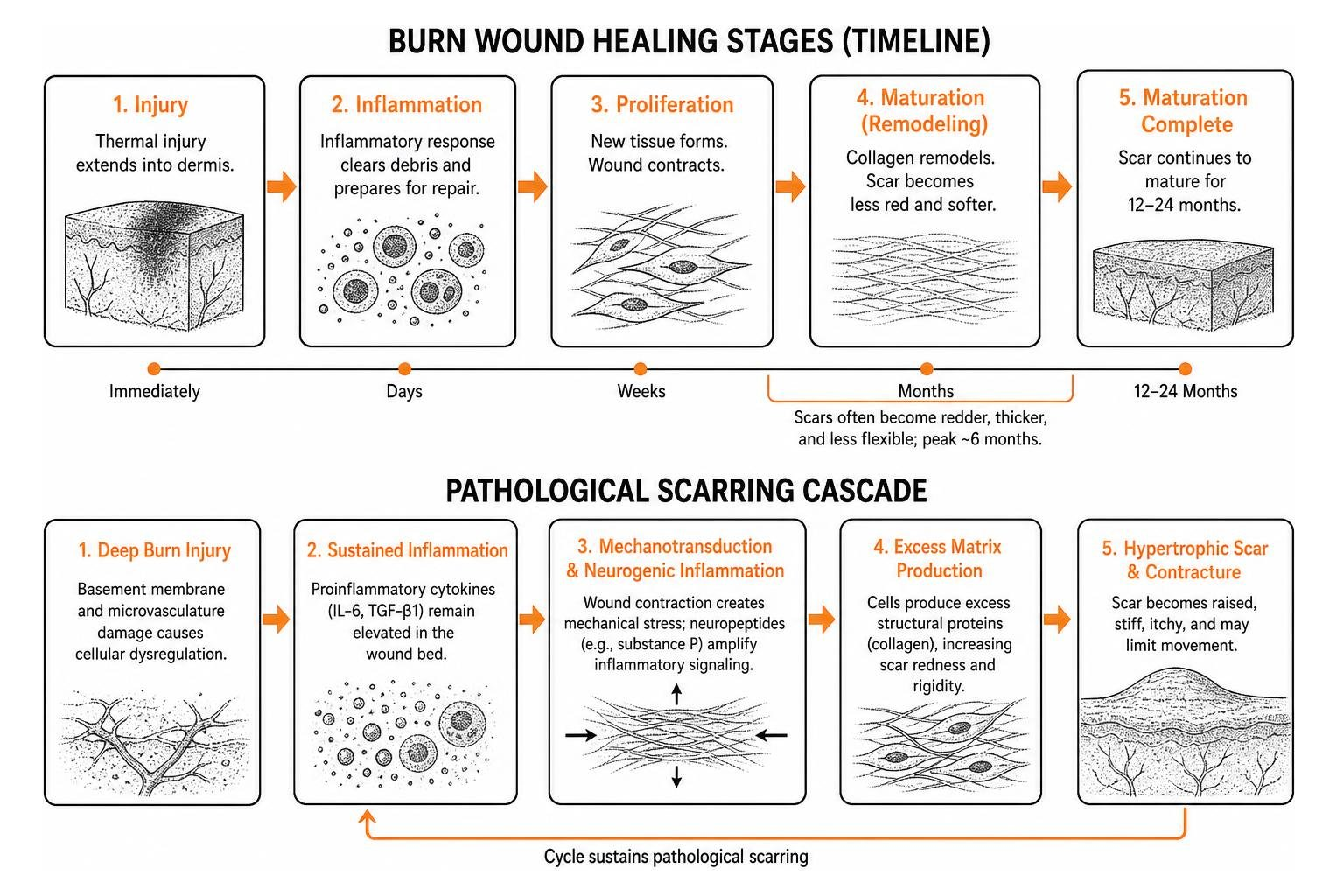diagram of burn wound healing stages and pathological scarring cascade diagram of burn wound healing stages and pathological scarring cascade