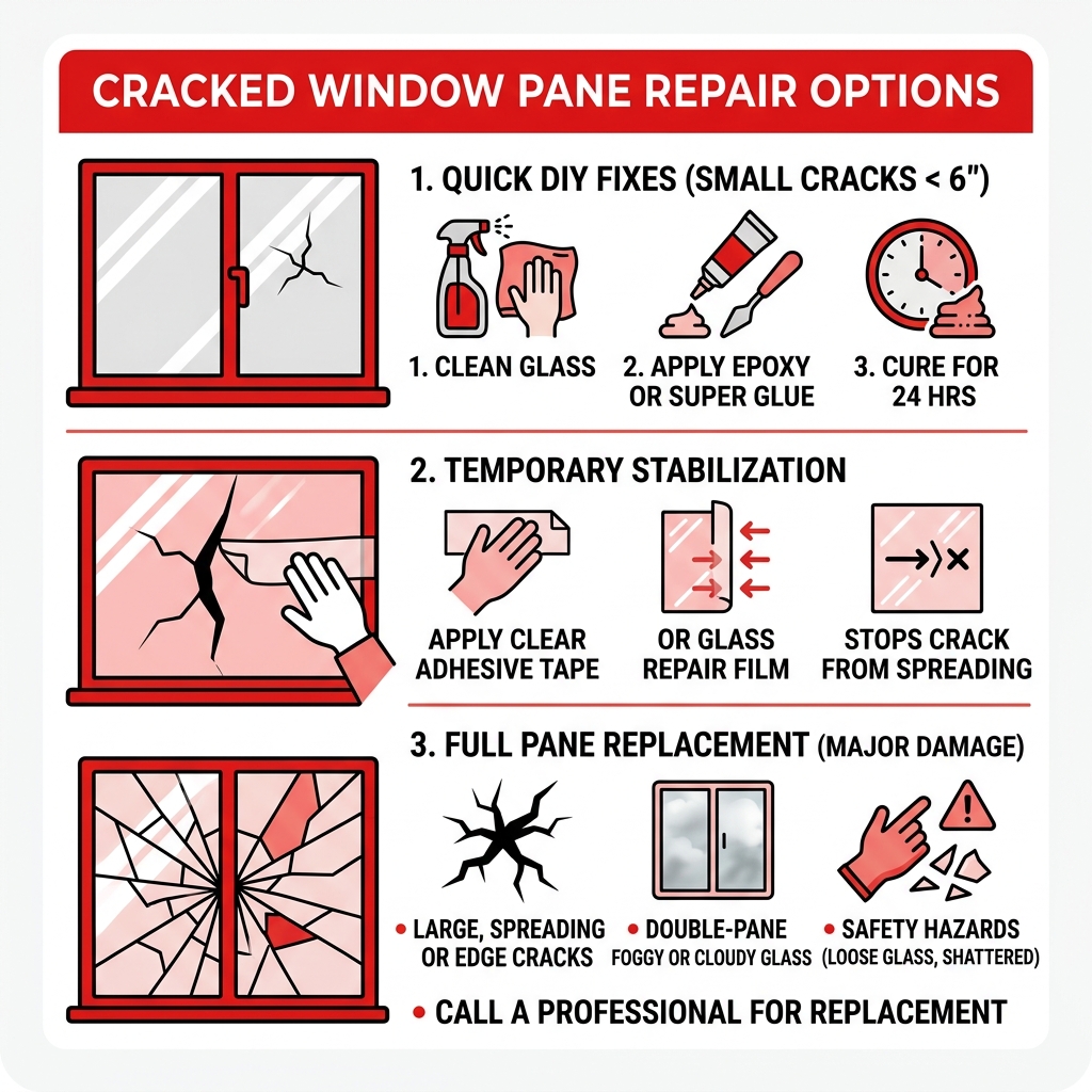 Infographic: cracked window pane repair options from quick DIY fixes to full pane replacement - Cracked window pane repair