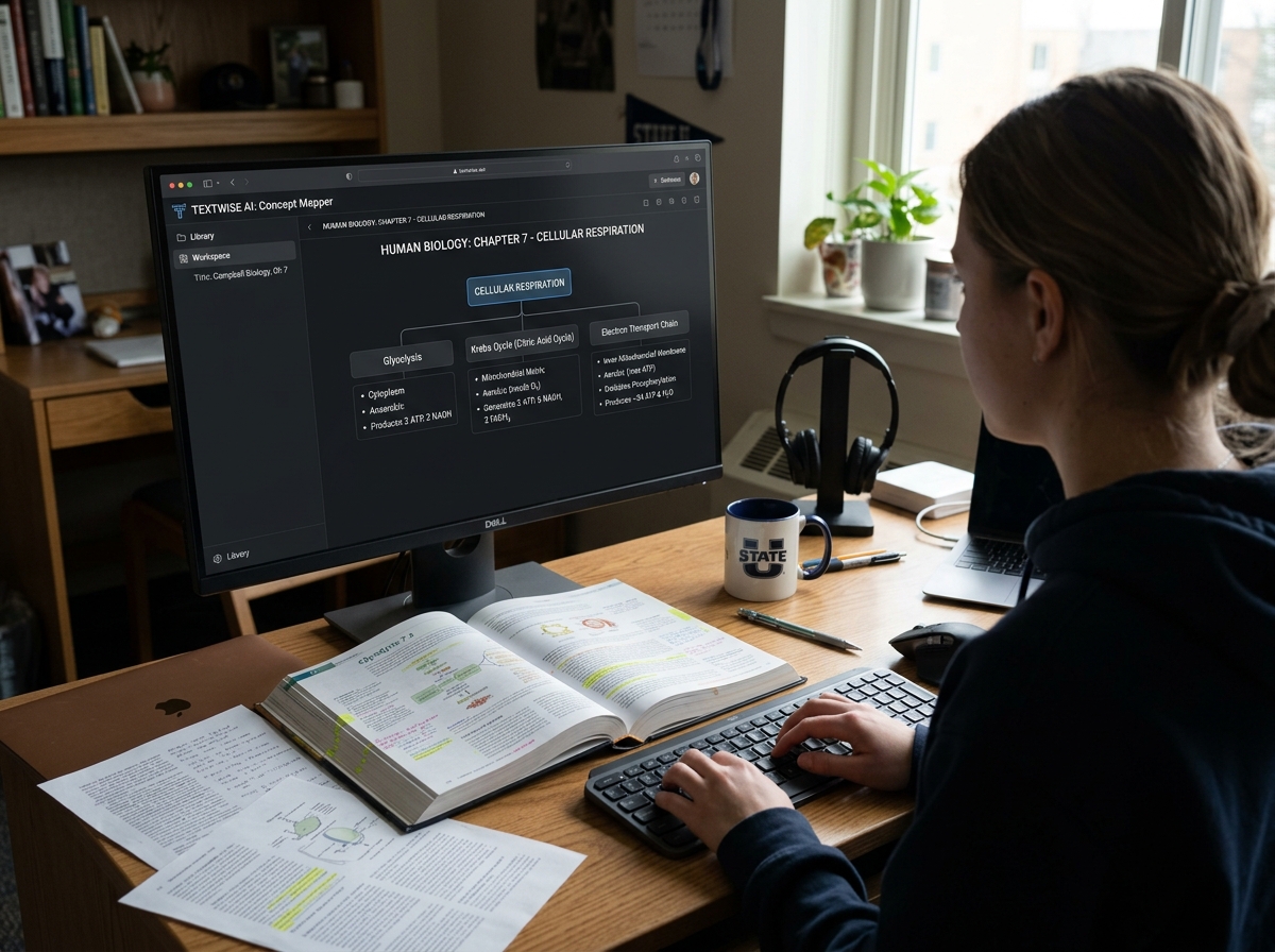AI software summarizing a dense textbook into a concept hierarchy - exam revision ai strategies