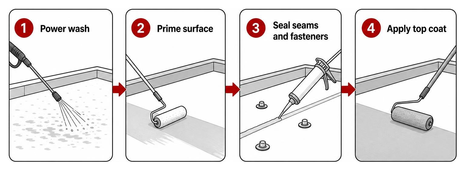 Diagram showing the steps of a commercial roof restoration: 1. Power wash, 2. Prime surface, 3. Seal seams and fasteners, 4. Diagram showing the steps of a commercial roof restoration: 1. Power wash, 2. Prime surface, 3. Seal seams and fasteners, 4.