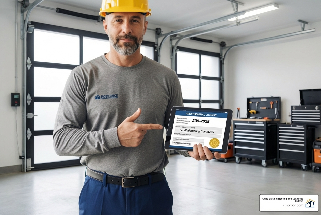 roofer showing license on tablet - commercial roofers Springfield MA