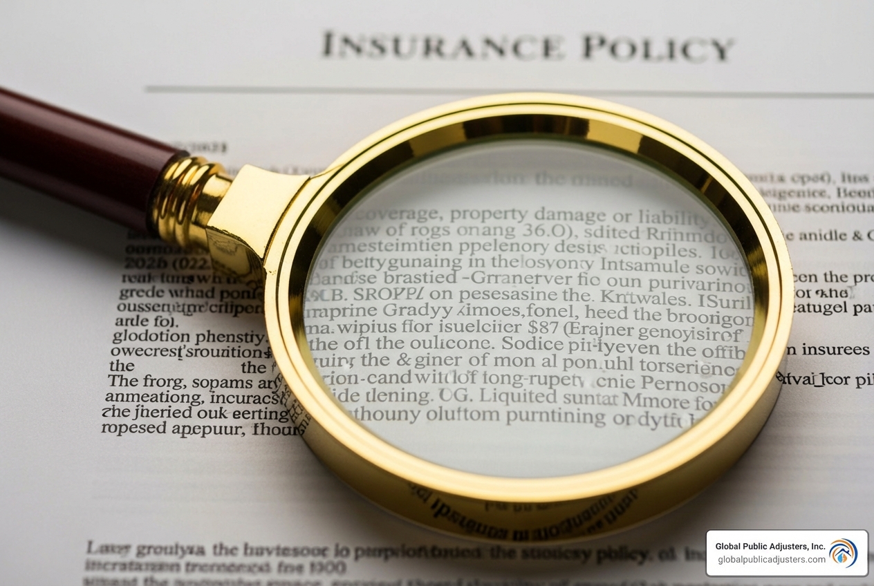 insurance policy document with a magnifying glass over it - hail damage home insurance