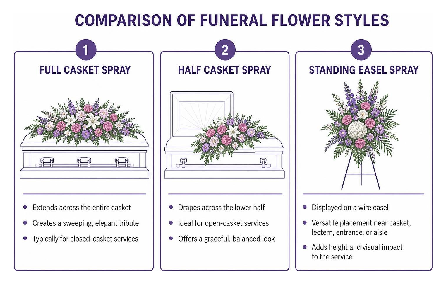 Comparison of full casket sprays, half casket sprays, and standing easel displays