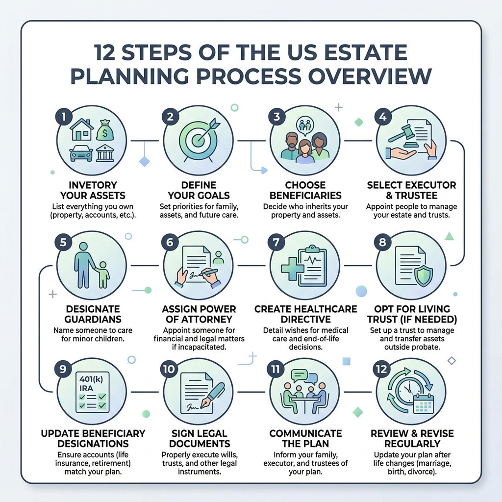 12 steps of the US estate planning process overview infographic - US estate planning infographic 