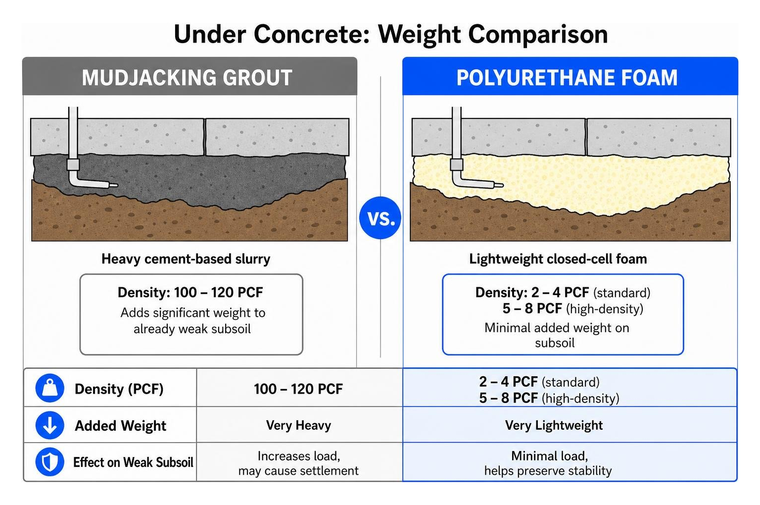 Comparison diagram of heavy mudjacking grout weight versus lightweight polyurethane foam under concrete Comparison diagram of heavy mudjacking grout weight versus lightweight polyurethane foam under concrete