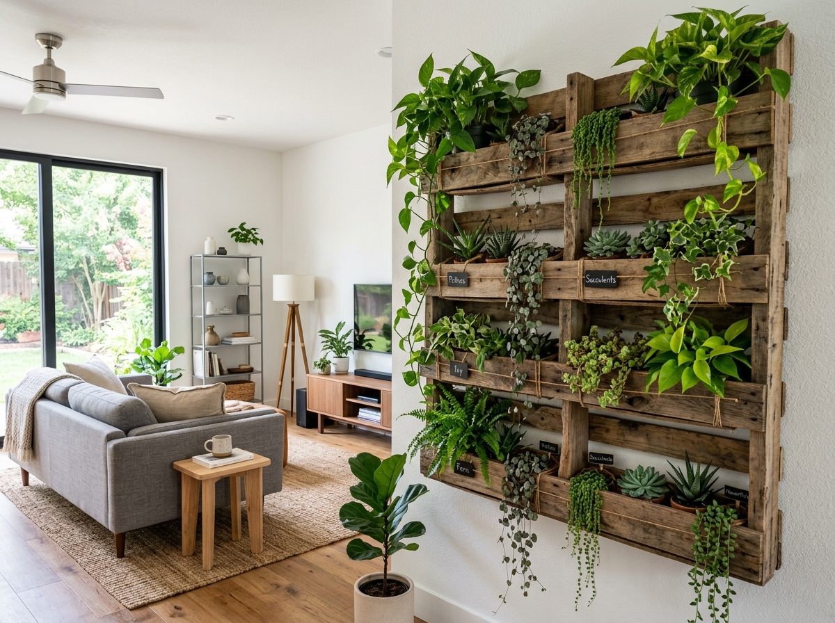 DIY pallet garden in a modern living room - diy green wall indoor