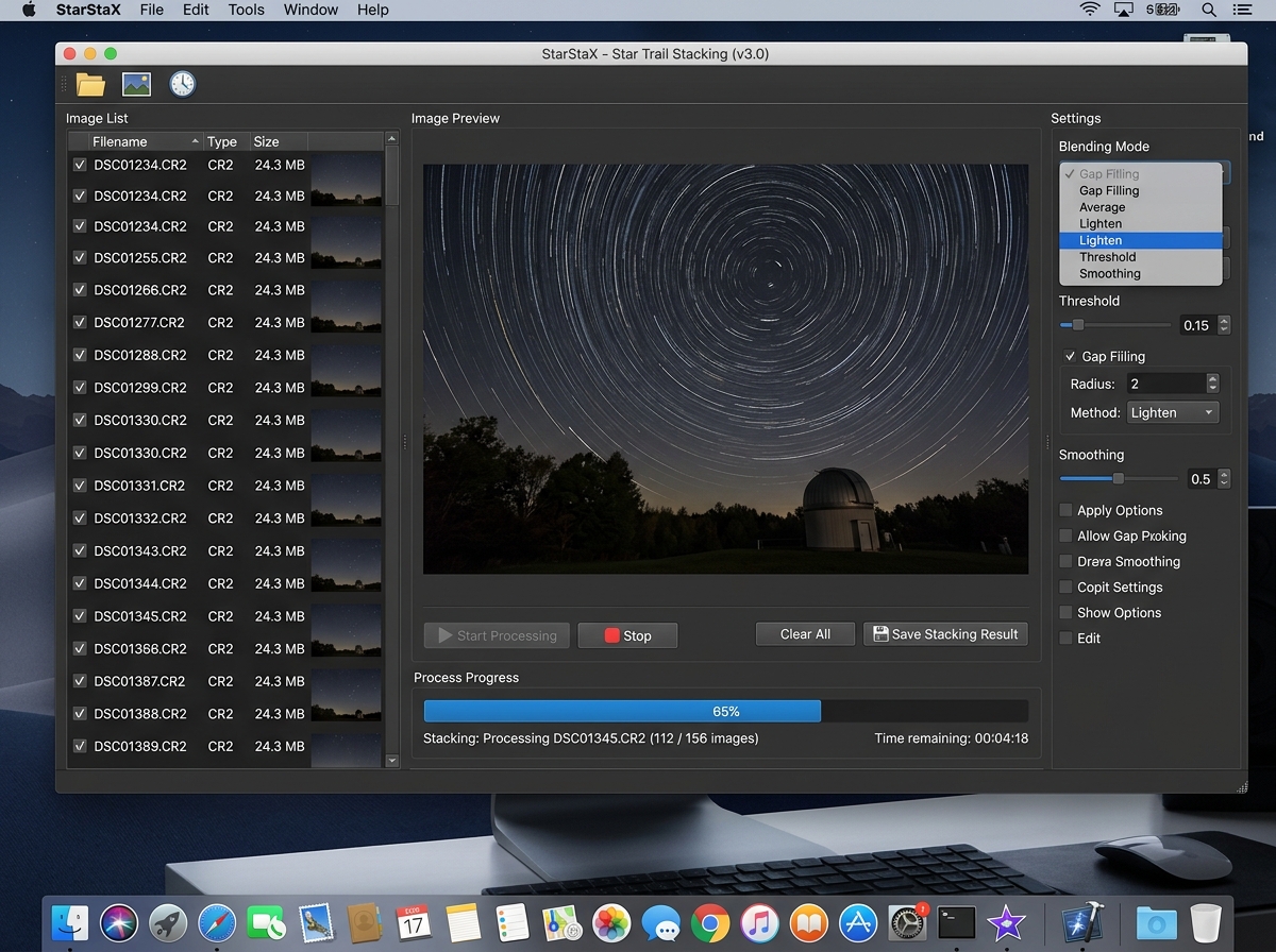 Screenshot of StarStaX software showing the stacking process and the "Lighten" blend mode selection - star trails tutorial