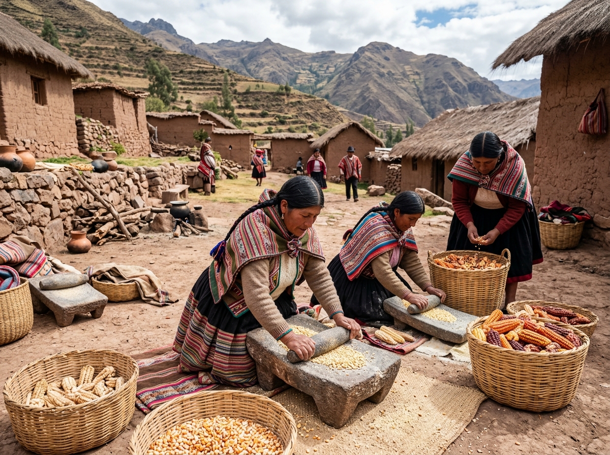 traditional indigenous corn grinding with stone tools and maize baskets - arepa traditional indigenous corn grinding with stone tools and maize baskets - arepa