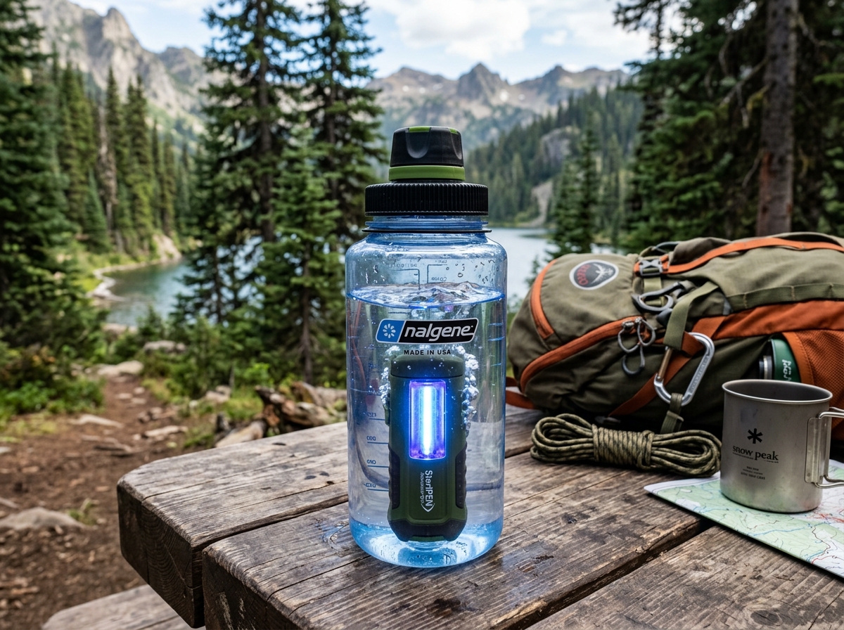 Portable UV light glowing in a water bottle during treatment - ultraviolet water purifier camping