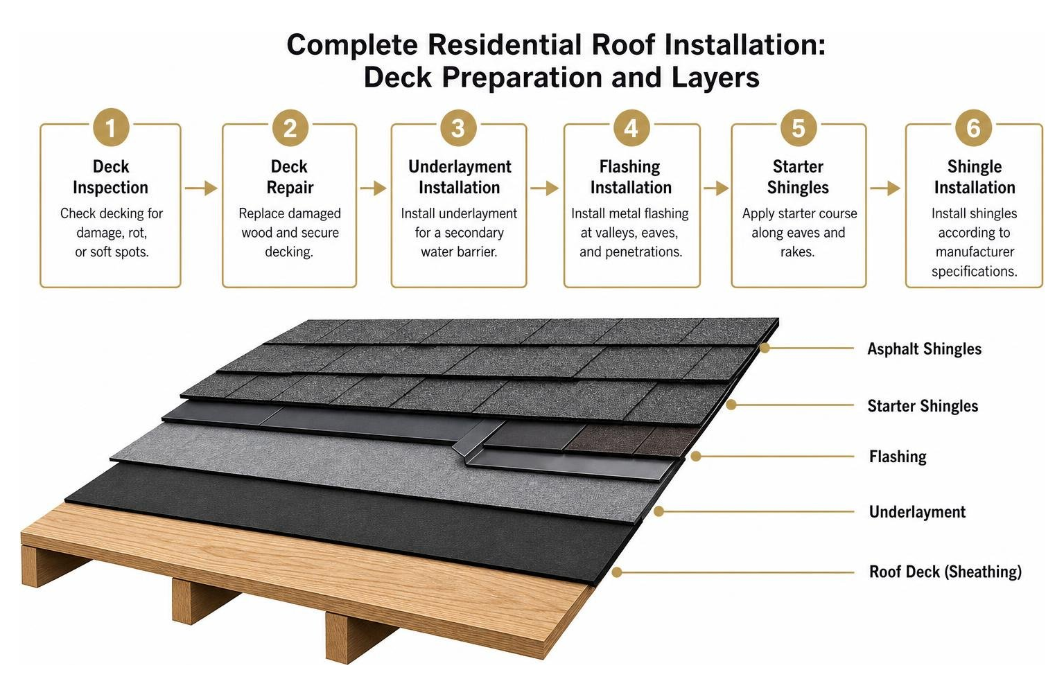 Diagram illustrating complete residential roof installation deck preparation and layers Diagram illustrating complete residential roof installation deck preparation and layers