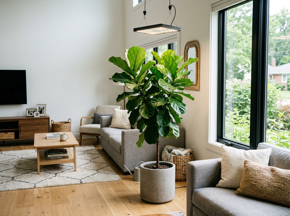 grow light positioned above a tall Fiddle Leaf Fig - best grow light for fiddle leaf fig grow light positioned above a tall Fiddle Leaf Fig - best grow light for fiddle leaf fig