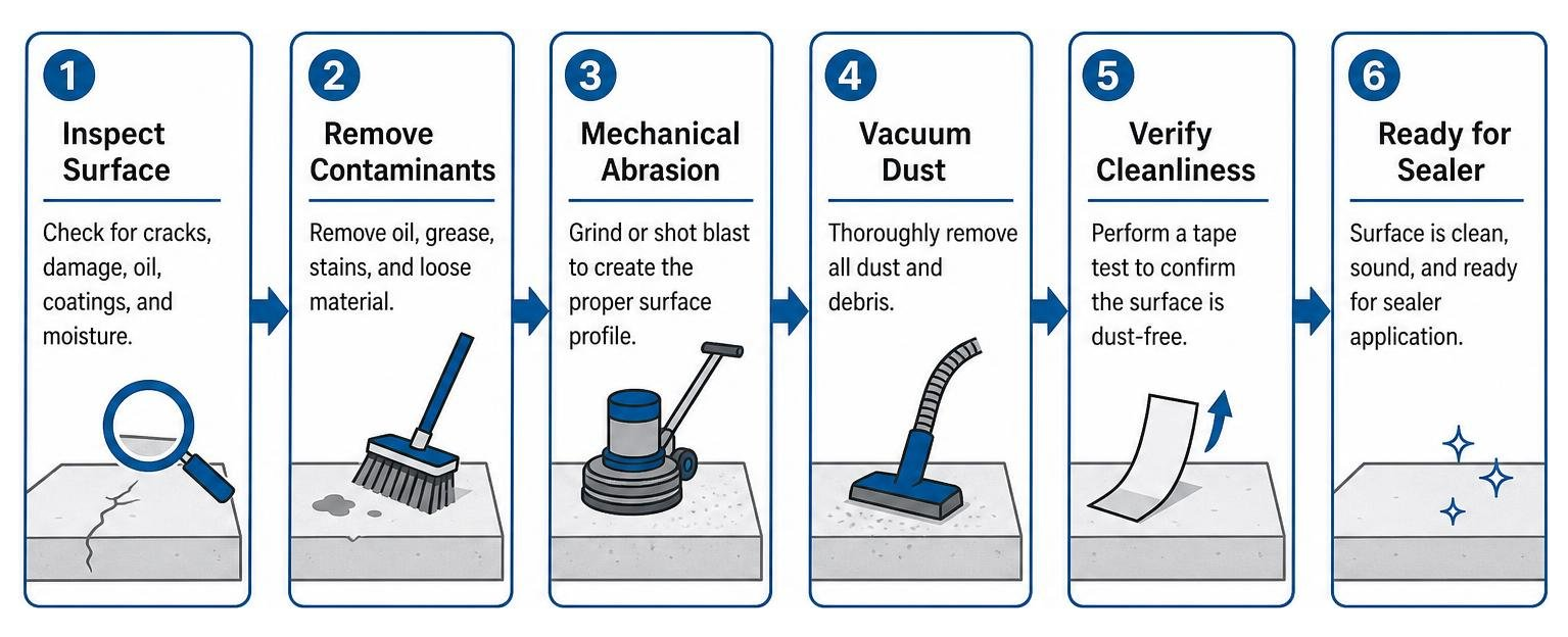 Step by step surface preparation sequence for concrete floors Step by step surface preparation sequence for concrete floors