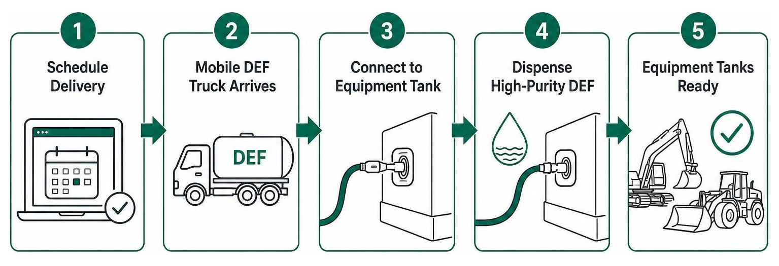 Diagram showing process of direct mobile DEF yard delivery into equipment tanks Diagram showing process of direct mobile DEF yard delivery into equipment tanks