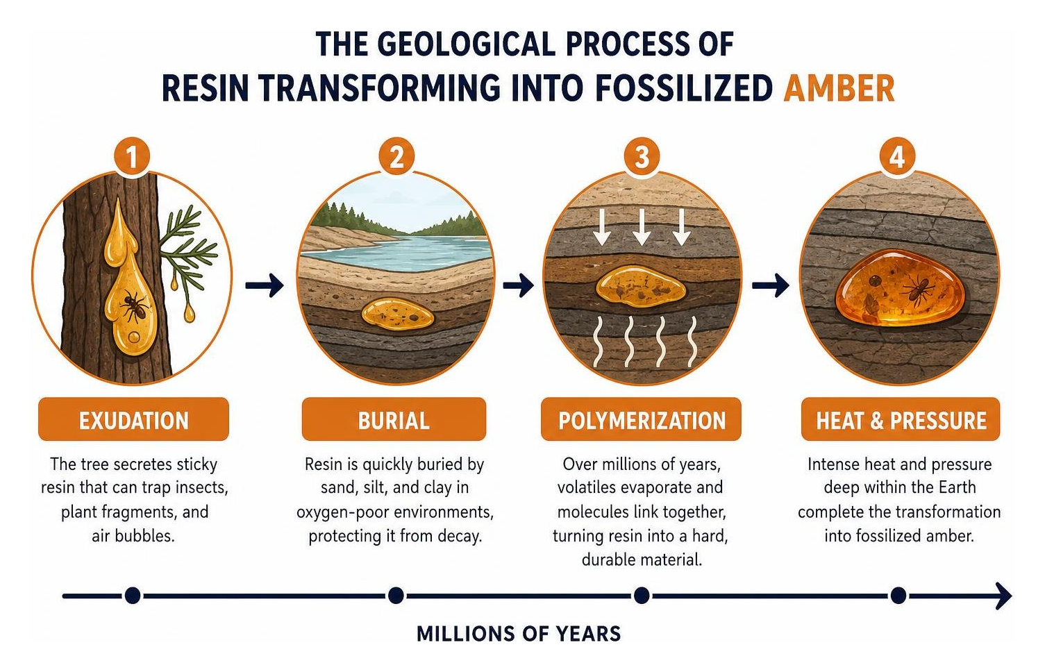 The geological process of resin transforming into fossilized amber over millions of years