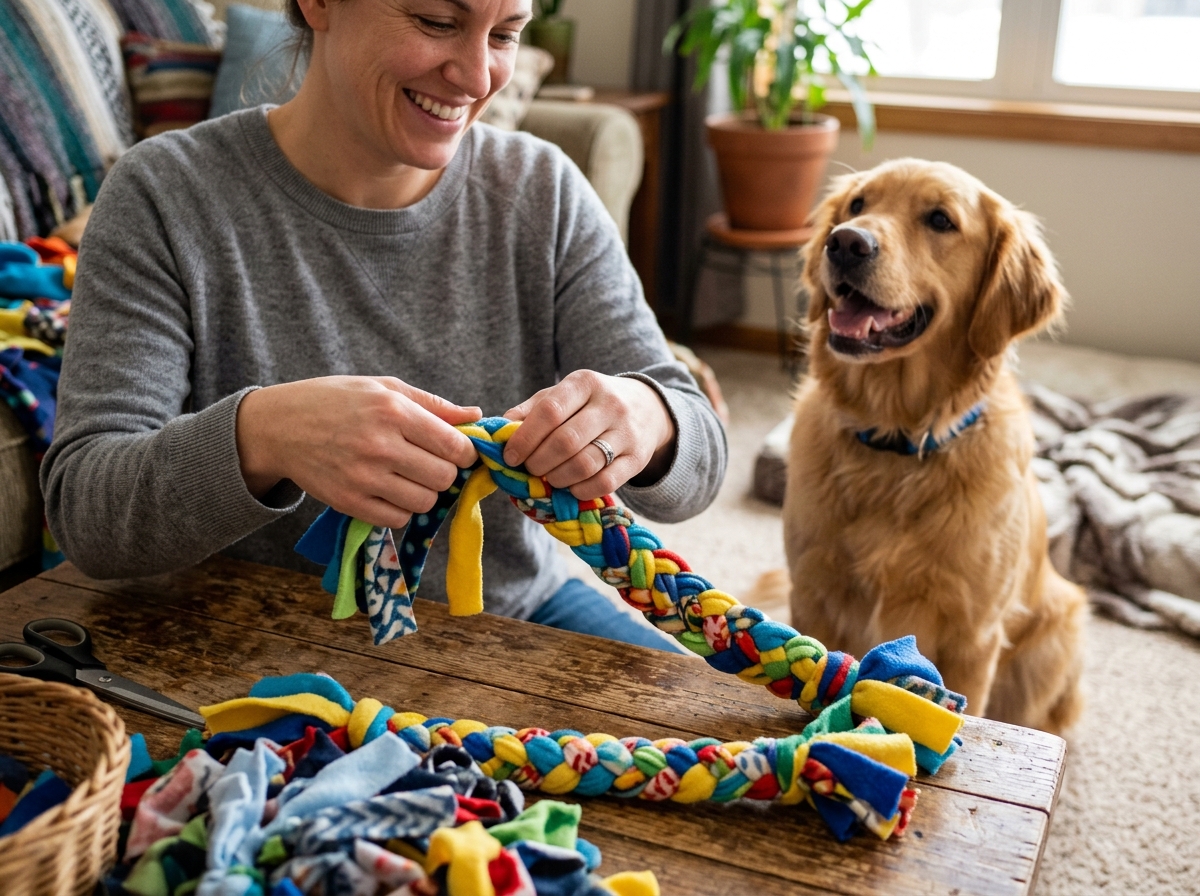 Pet owner happily crafting a colorful toy for their dog - How to make pet toys Pet owner happily crafting a colorful toy for their dog - How to make pet toys