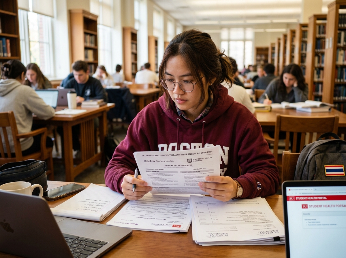 Student reviewing insurance policy documents and medical bills - overseas student claim process