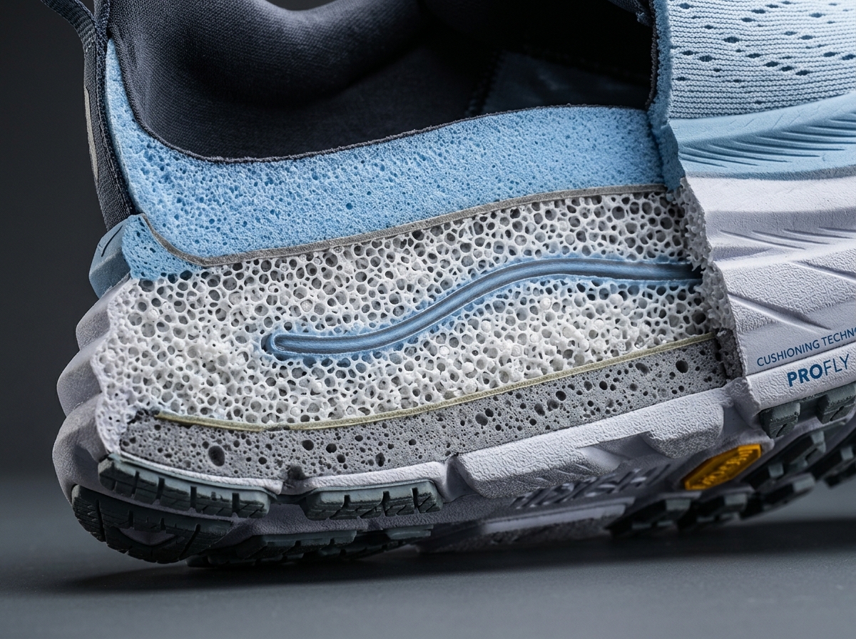 close-up of high-cushion midsole technology showing foam cells and shock absorption layers - best shoes to wear for standing