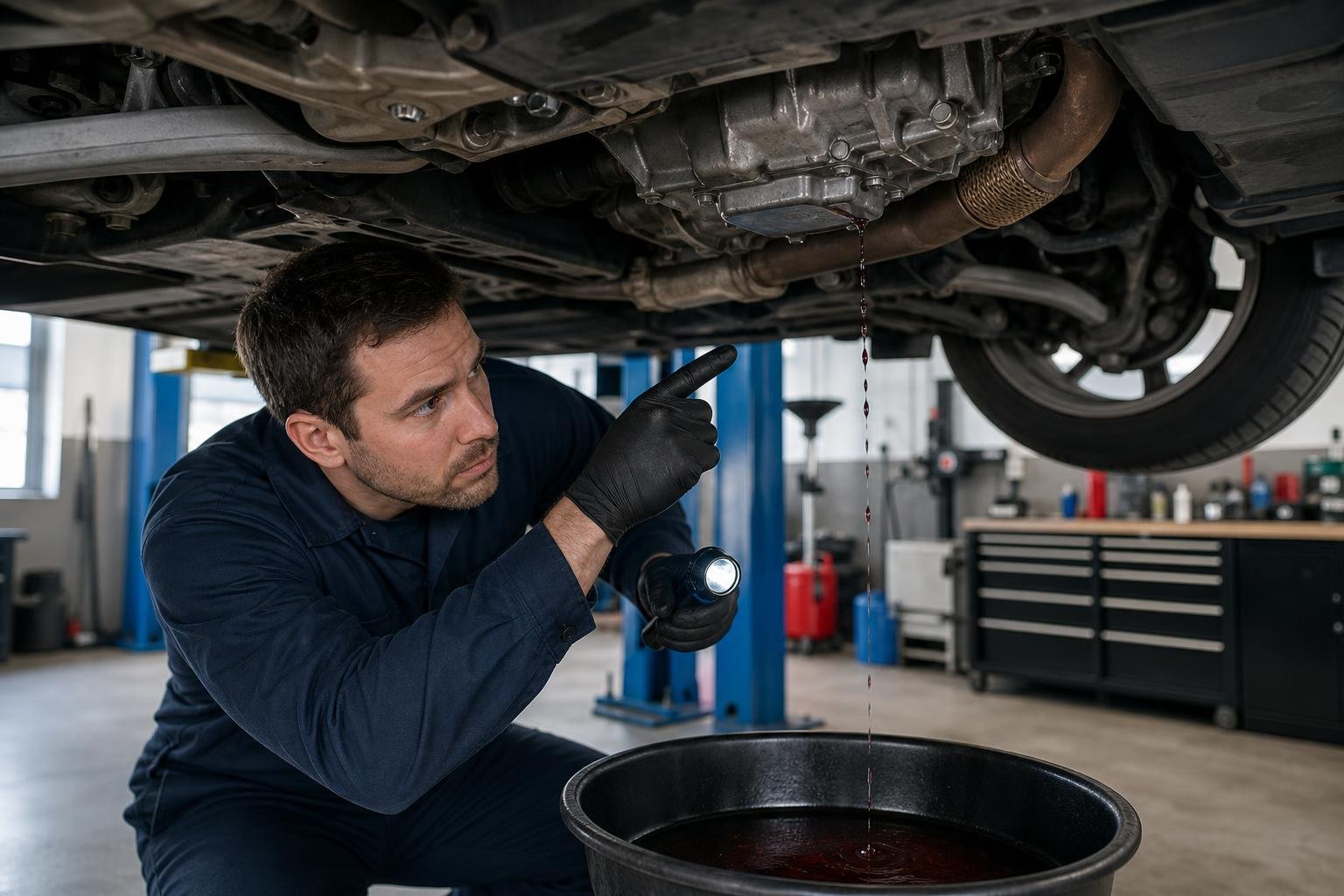 Mechanic inspecting a BMW transmission fluid leak