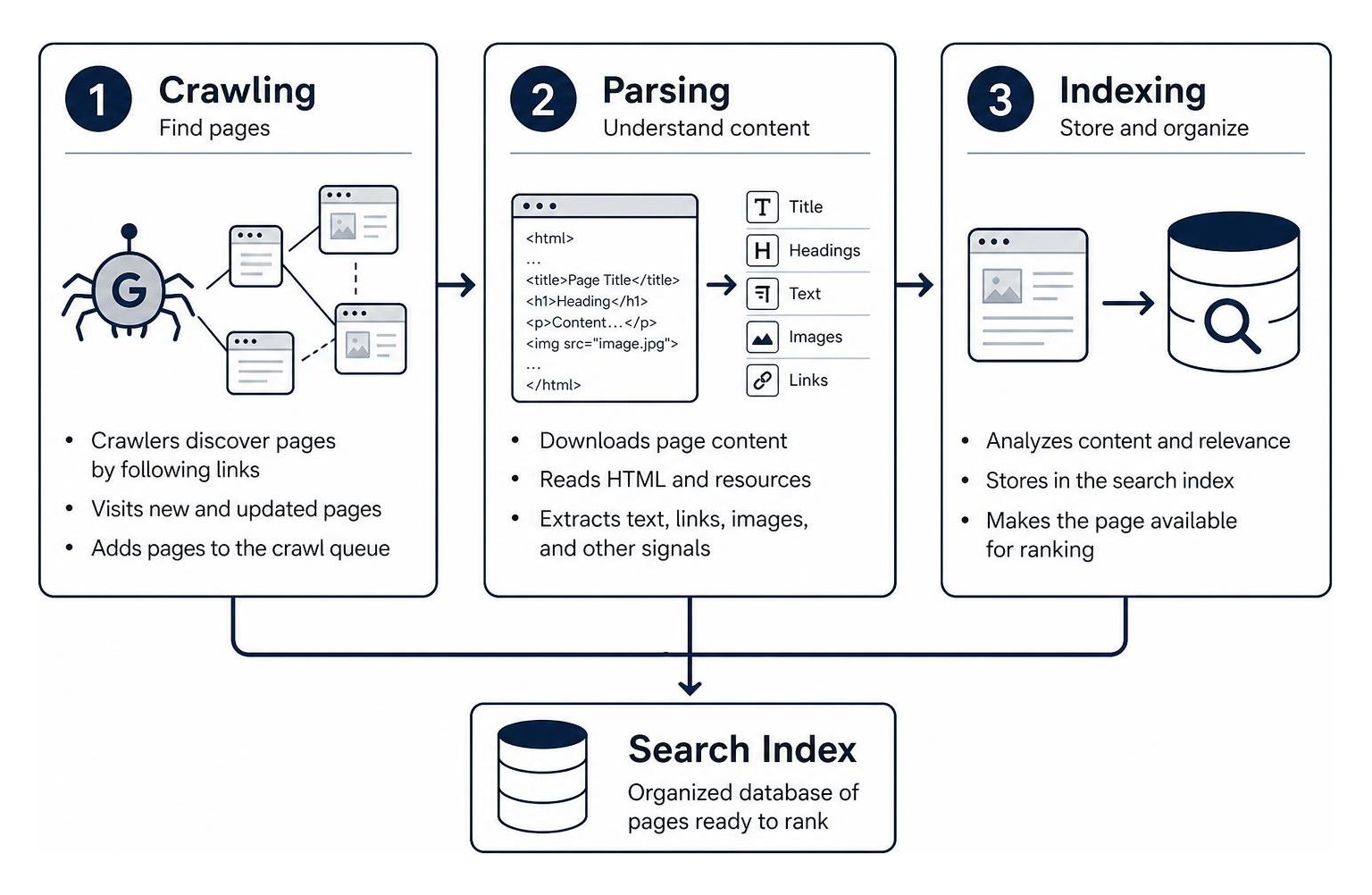 diagram of how search engine crawlers find, parse, and index web pages