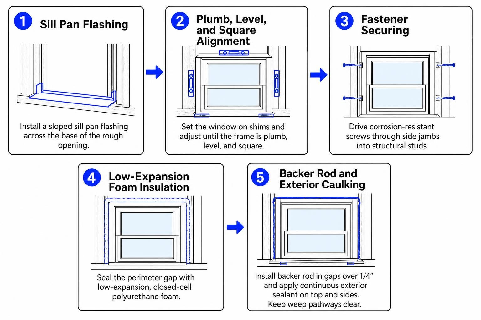 Step by step window flashing and sealing sequence Step by step window flashing and sealing sequence