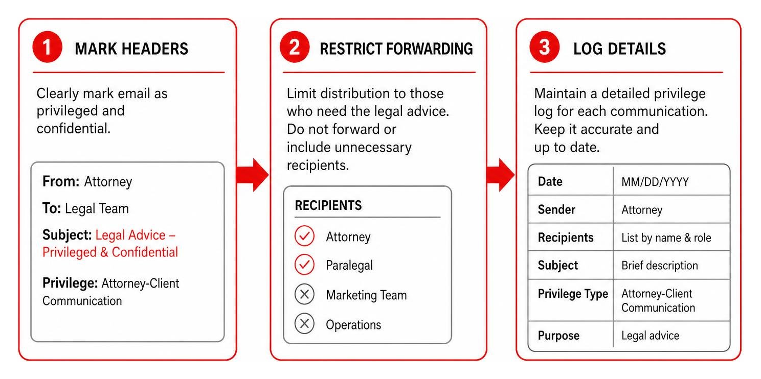 Process for preserving email privilege: marking headers, restricting forwarding, and logging details Process for preserving email privilege: marking headers, restricting forwarding, and logging details