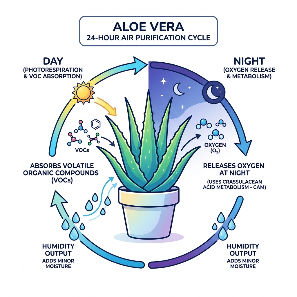Aloe Vera 24-hour air purification cycle infographic showing VOC absorption, nighttime oxygen release, and humidity output Aloe Vera 24-hour air purification cycle infographic showing VOC absorption, nighttime oxygen release, and humidity output