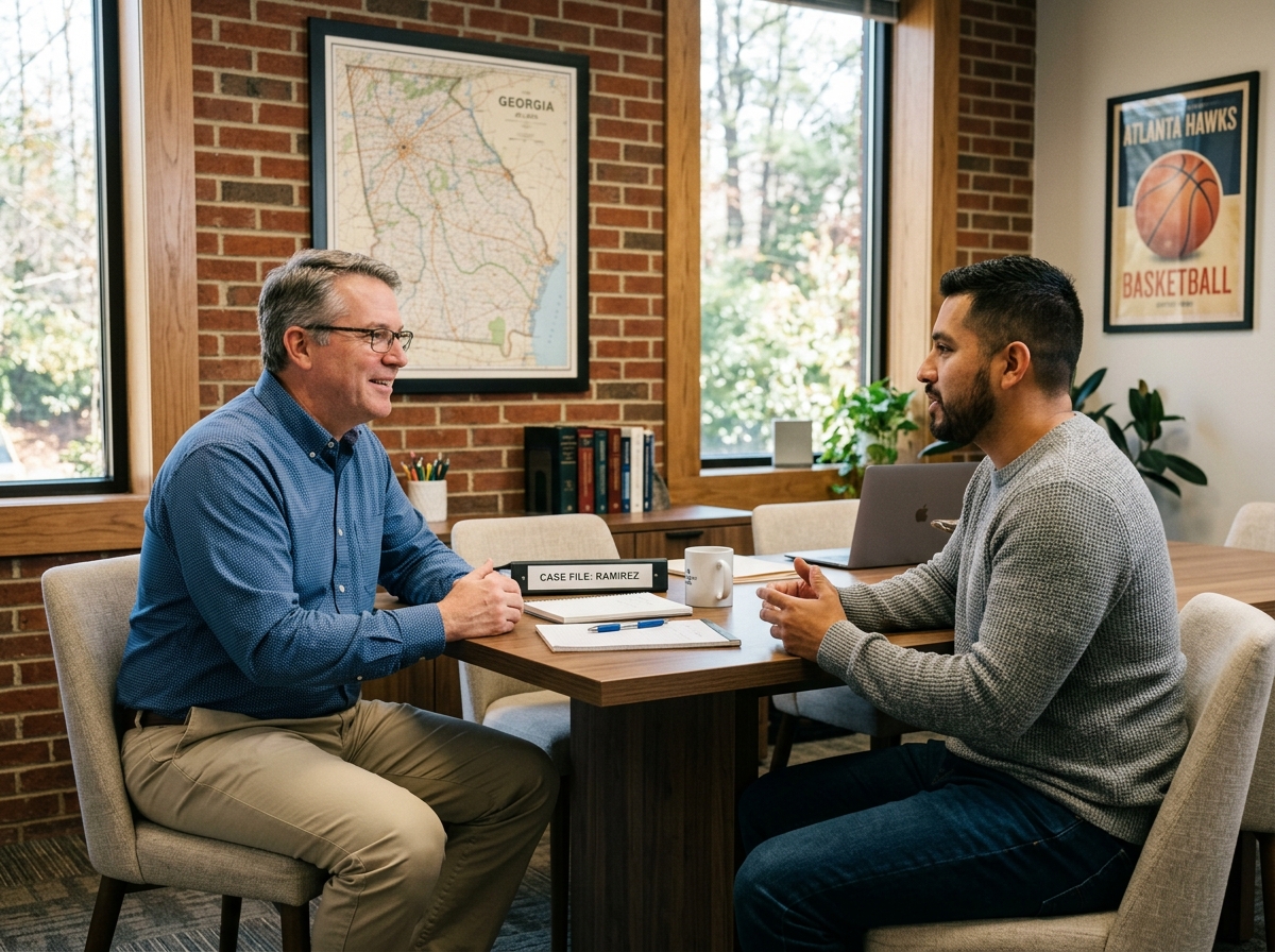 Georgia attorney in business-casual attire talking to a Hispanic client in a casual sweater in a Duluth office - truck