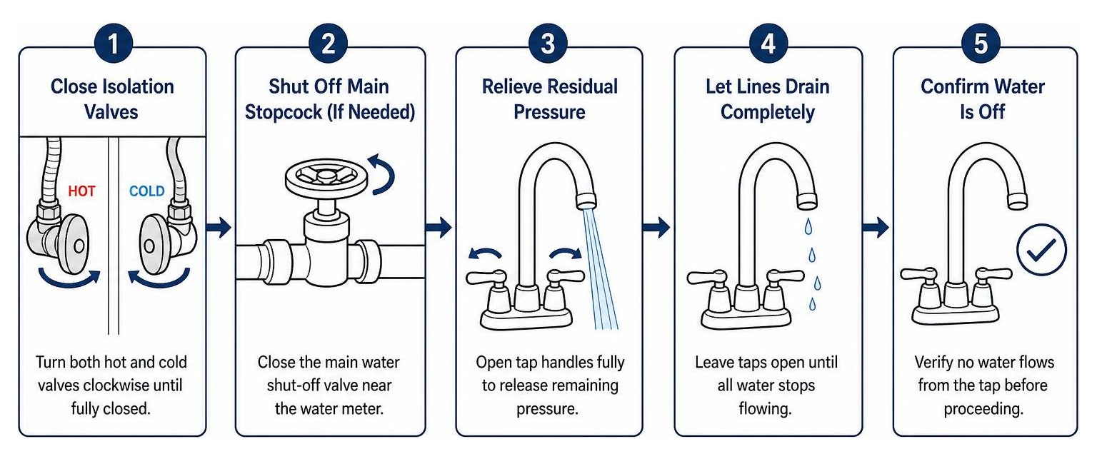 Step-by-step process to safely isolate the water supply and drain sink pipes
