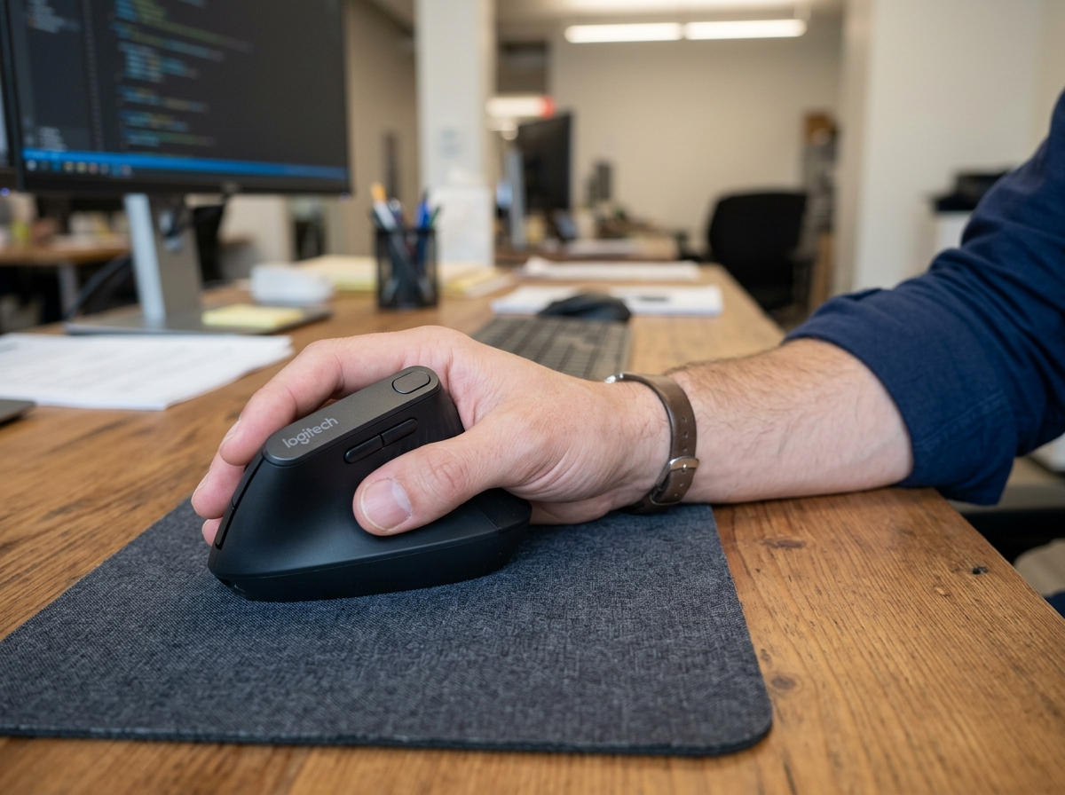 Person demonstrating the natural handshake position using a vertical mouse - best ergonomic mouse for medium hands Person demonstrating the natural handshake position using a vertical mouse - best ergonomic mouse for medium hands
