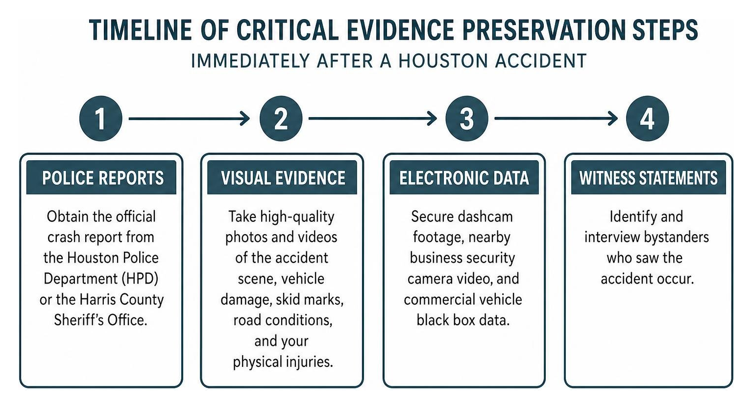 Timeline of critical evidence preservation steps immediately after a Houston accident Timeline of critical evidence preservation steps immediately after a Houston accident