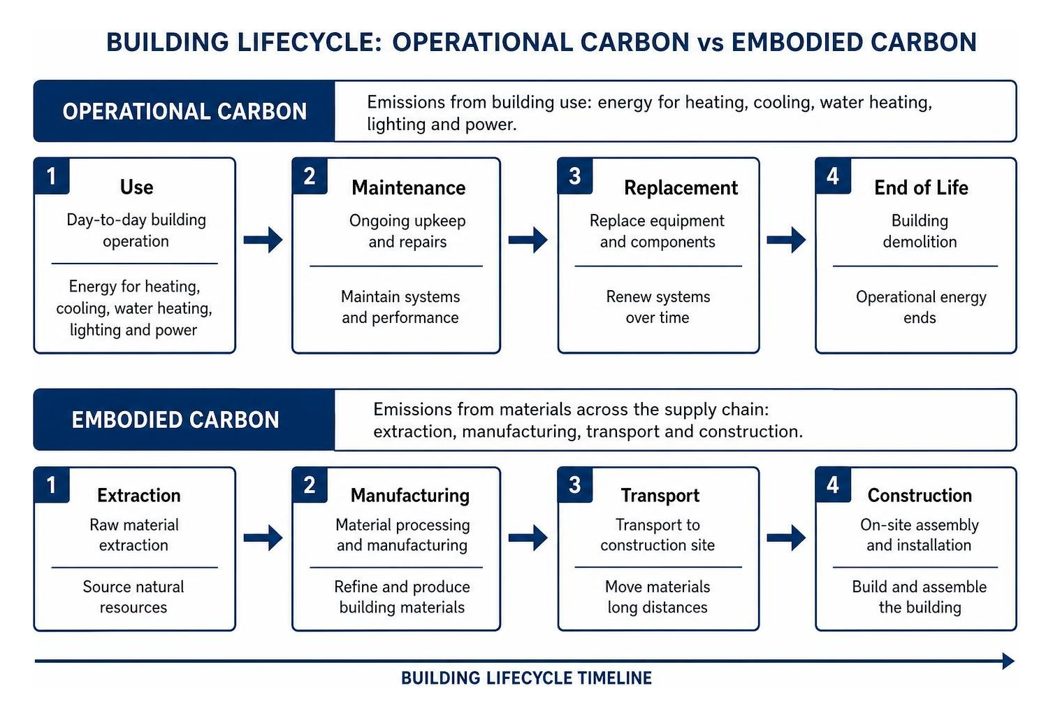 Comparison diagram showing the stages of embodied carbon versus operational carbon over a building lifecycle