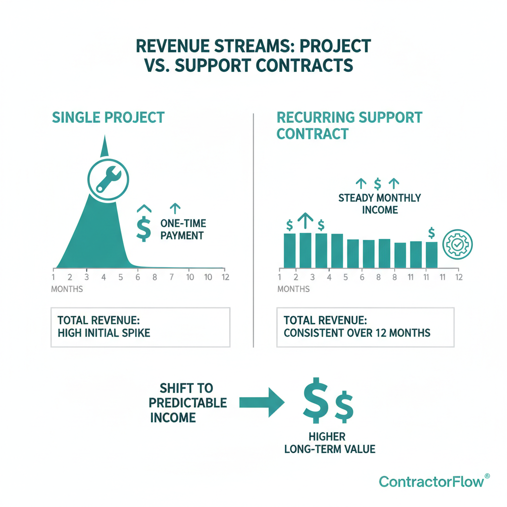 infographic comparing single project revenue stream showing one-time payment spike versus recurring revenue stream from support contracts showing steady monthly income over 12 months with total revenue comparison - ongoing support contract contractors infographic 