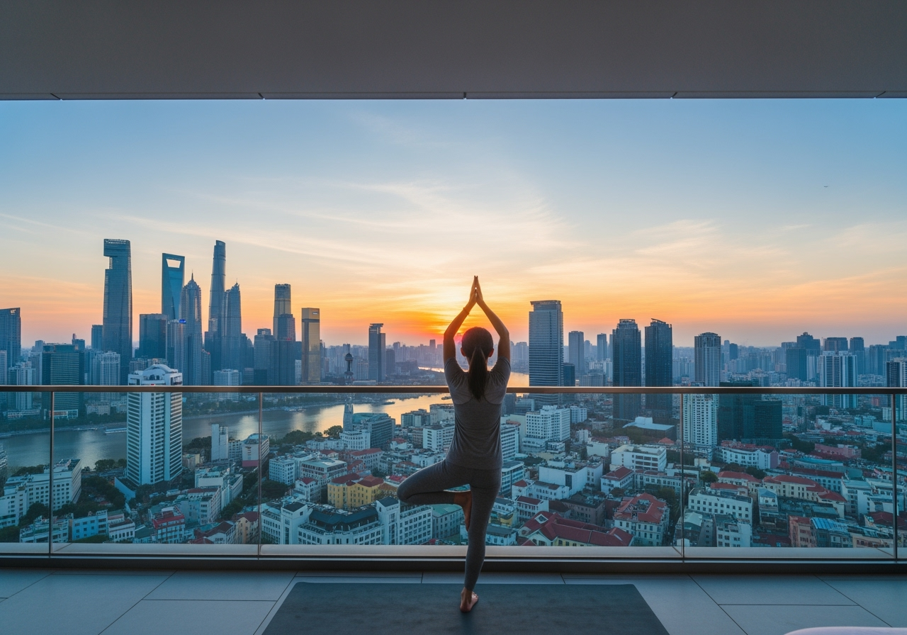 Person doing yoga on a hotel balcony overlooking a city - modern travel and lifestyle