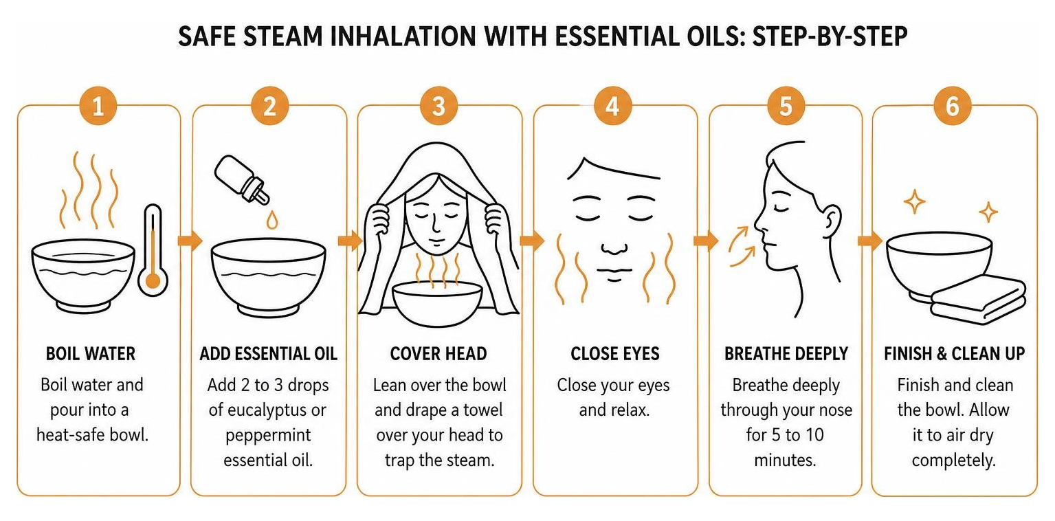Step by step process for safe steam inhalation with essential oils Step by step process for safe steam inhalation with essential oils